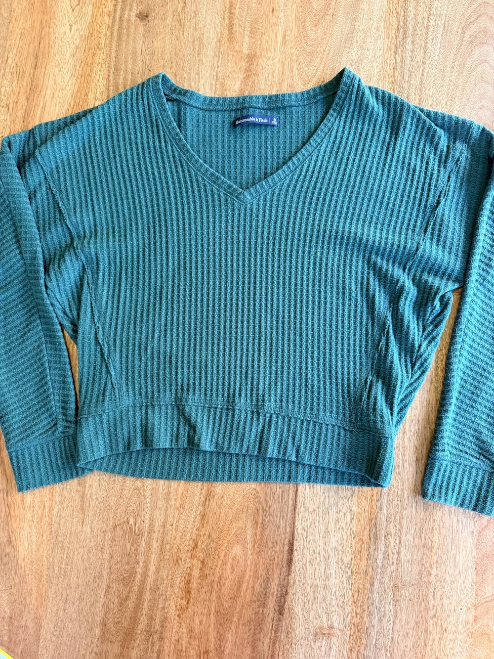 Abercrombie & Fitch Women's V-Neck Waffle Knit Sweater - Teal Green